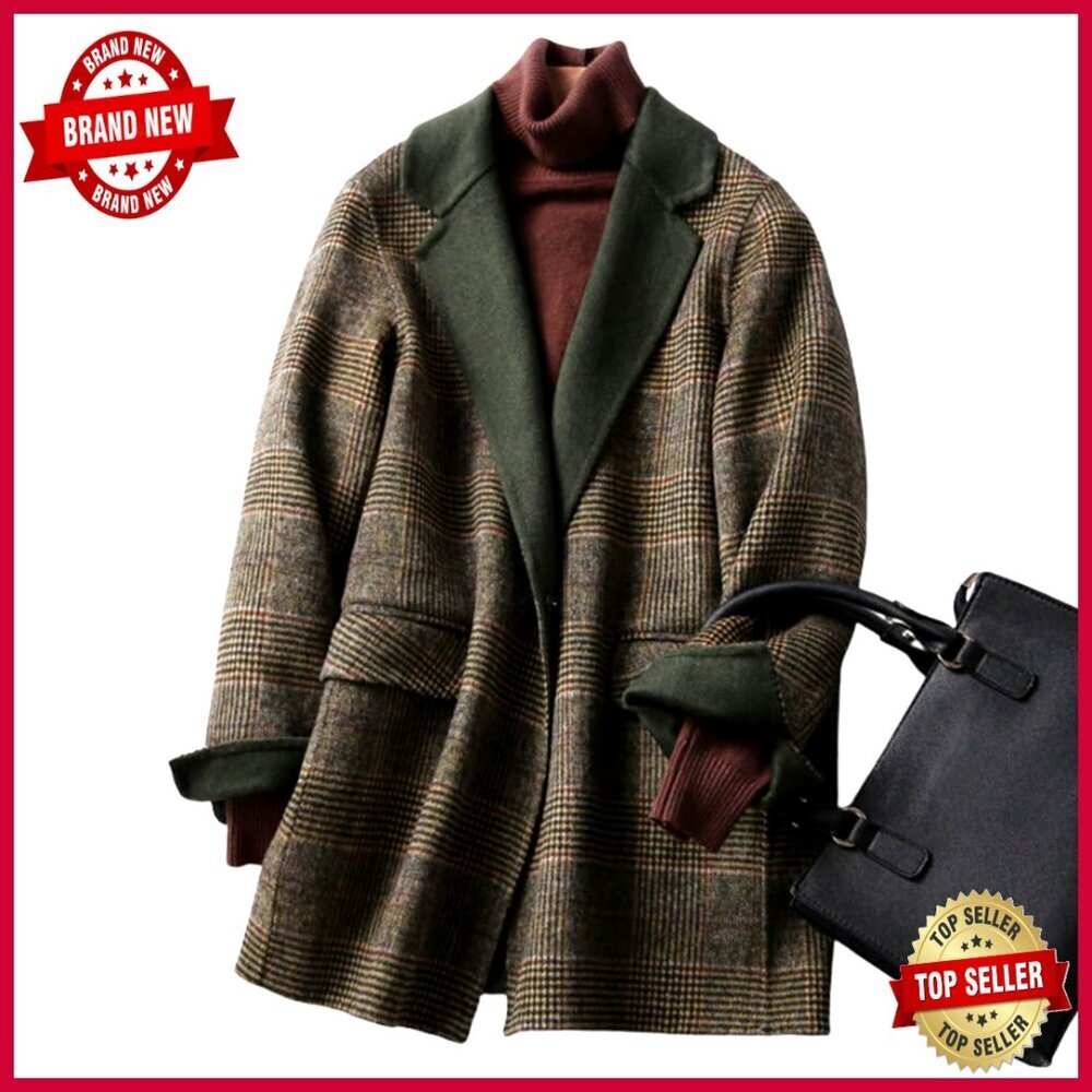 Wool Trench Coat Mid-Length Plaid Overcoat Relaxed Fit Women's Outerwear